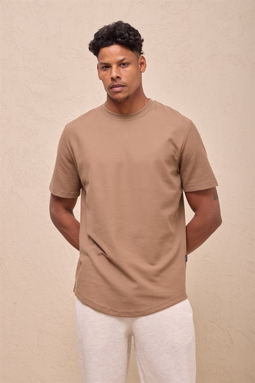 Wholesale Mens Camel Regular Fit Double-Knit Crew-Neck T-Shirt