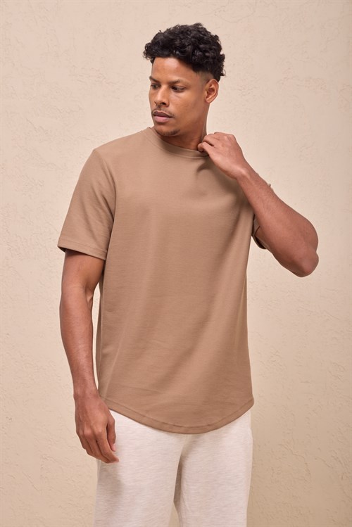 Wholesale Mens Camel Regular Fit Double-Knit Crew-Neck T-Shirt
