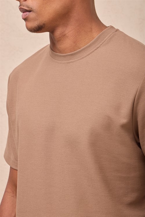 Wholesale Mens Camel Regular Fit Double-Knit Crew-Neck T-Shirt