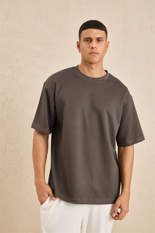 Wholesale Mens Charcoal Brown Relax Fit Interlock Crew-Neck T-Shirt