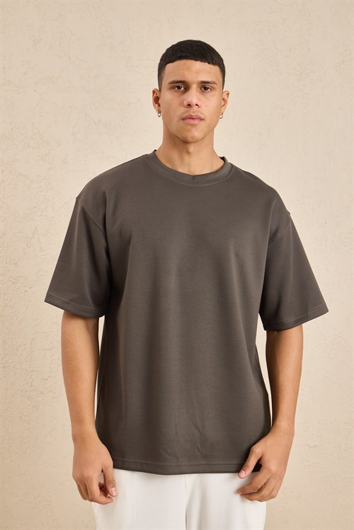 Wholesale Mens Charcoal Brown Relax Fit Interlock Crew-Neck T-Shirt