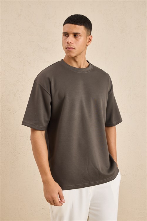 Wholesale Mens Charcoal Brown Relax Fit Interlock Crew-Neck T-Shirt
