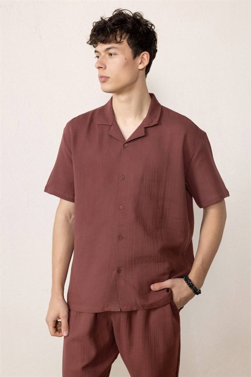 Wholesale Mens Chestnut Muslin Resort Collar Shirt