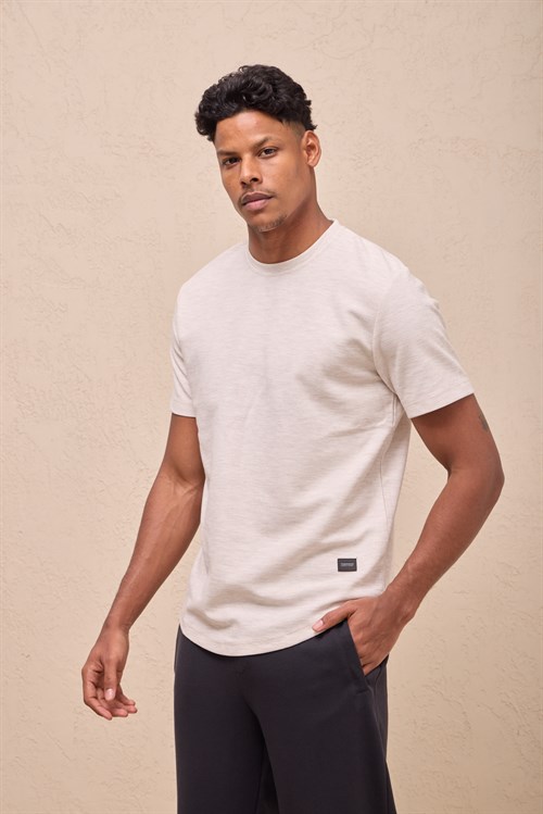 Wholesale Mens Cream Regular Fit Double-Knit Crew-Neck T-Shirt