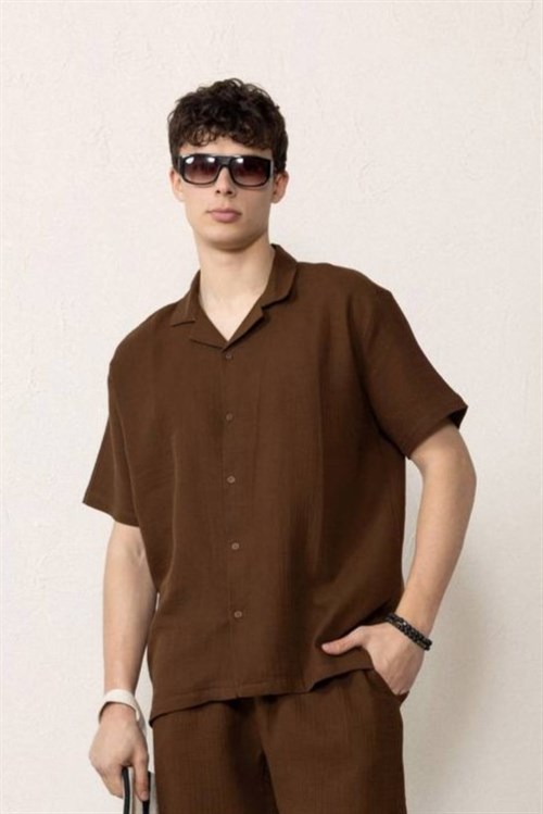 Wholesale Mens Dark Brown Muslin Resort Collar Shirt