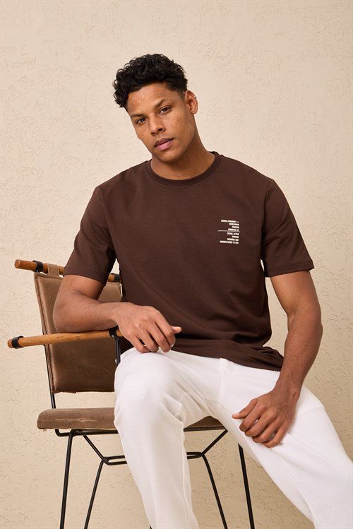 Wholesale Mens Dark Brown Regular Fit Printed French Terry T-Shirt