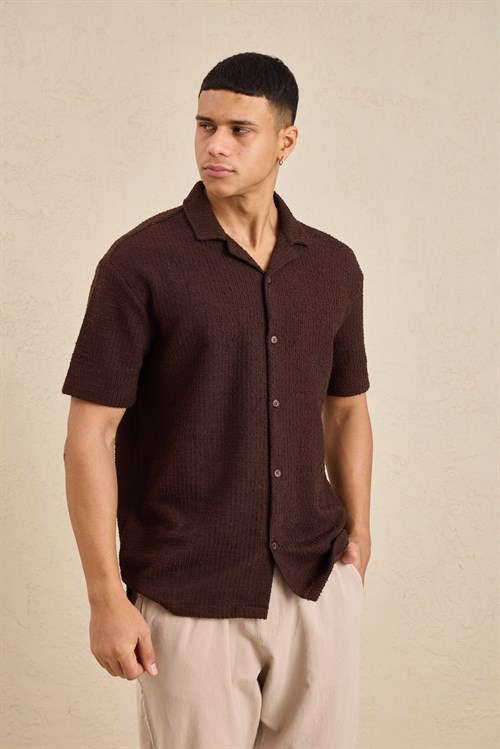 Wholesale Mens Dark Brown Resort Collar Slub Knit Shirt