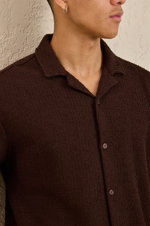 Wholesale Mens Dark Brown Resort Collar Slub Knit Shirt