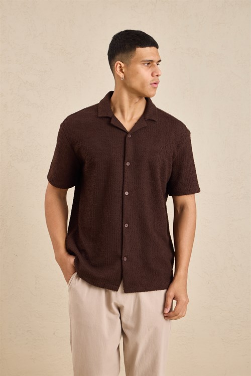 Wholesale Mens Dark Brown Resort Collar Slub Knit Shirt