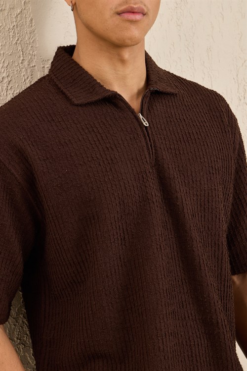 Wholesale Mens Dark Brown Slub Knit Zip Polo Shirt