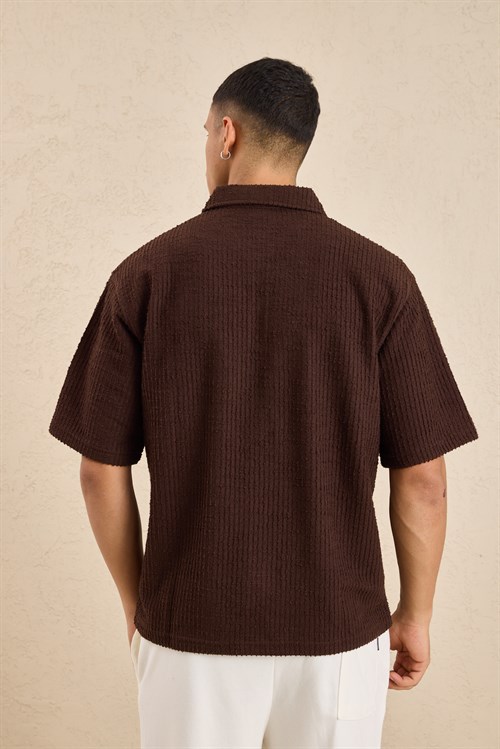 Wholesale Mens Dark Brown Slub Knit Zip Polo Shirt