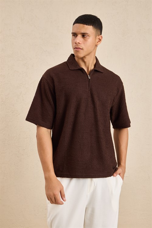 Wholesale Mens Dark Brown Slub Knit Zip Polo Shirt