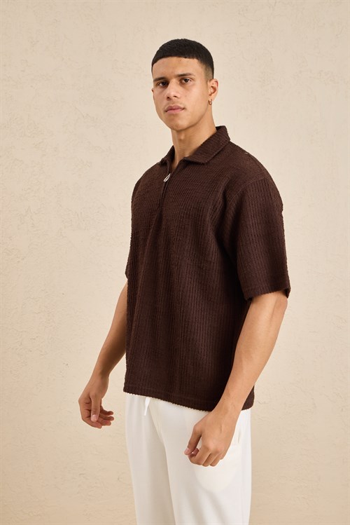 Wholesale Mens Dark Brown Slub Knit Zip Polo Shirt