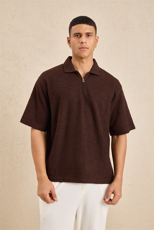 Wholesale Mens Dark Brown Slub Knit Zip Polo Shirt