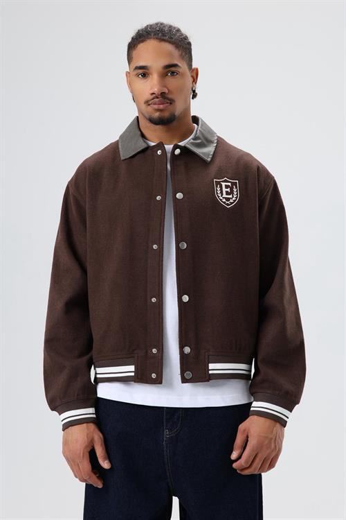 Wholesale Mens Dark Brown Snap-Up Varsity Jacket