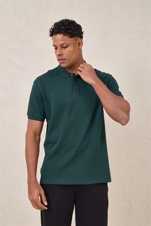 Wholesale Mens Dark Green Pique Fabric Polo Shirt
