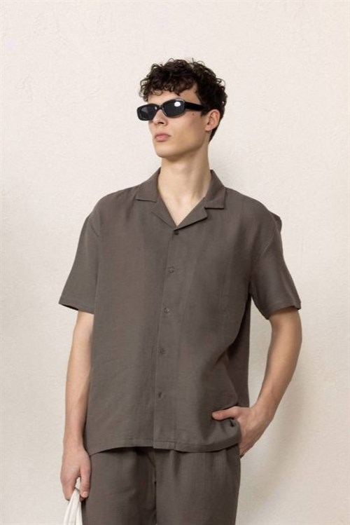 Wholesale Mens Dark Mink Muslin Resort Collar Shirt