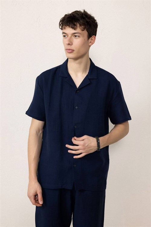 Wholesale Mens Dark Navy Muslin Resort Collar Shirt