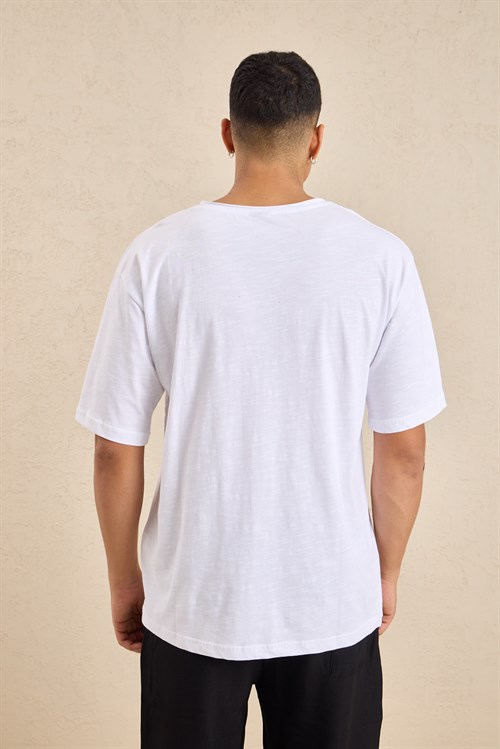 Wholesale Mens Ecru Relax Fit Basic T-Shirt with Raw-Edge Neckline
