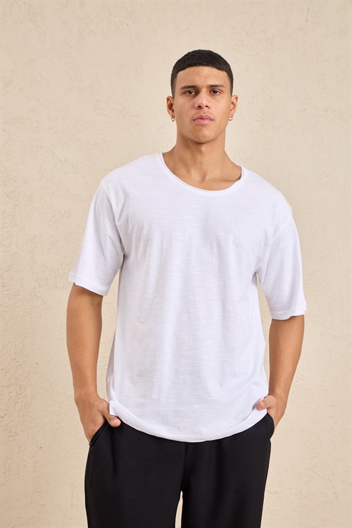 Wholesale Mens Ecru Relax Fit Basic T-Shirt with Raw-Edge Neckline
