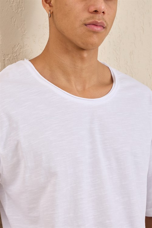 Wholesale Mens Ecru Relax Fit Basic T-Shirt with Raw-Edge Neckline