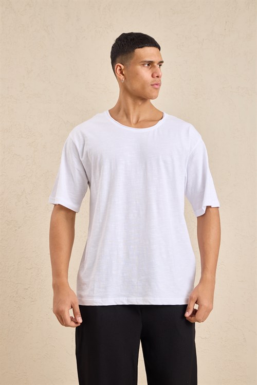 Wholesale Mens Ecru Relax Fit Basic T-Shirt with Raw-Edge Neckline