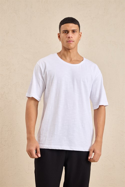 Wholesale Mens Ecru Relax Fit Basic T-Shirt with Raw-Edge Neckline