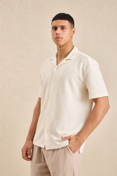 Wholesale Mens Ecru Resort Collar Slub Knit Shirt