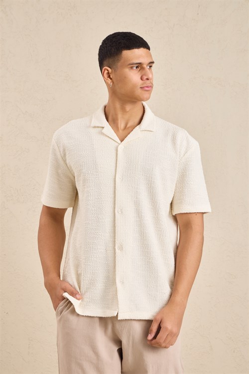 Wholesale Mens Ecru Resort Collar Slub Knit Shirt