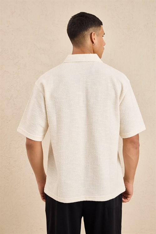 Wholesale Mens Ecru Slub Knit Zip Polo Shirt