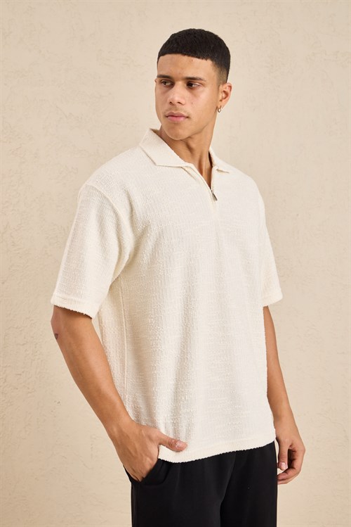 Wholesale Mens Ecru Slub Knit Zip Polo Shirt
