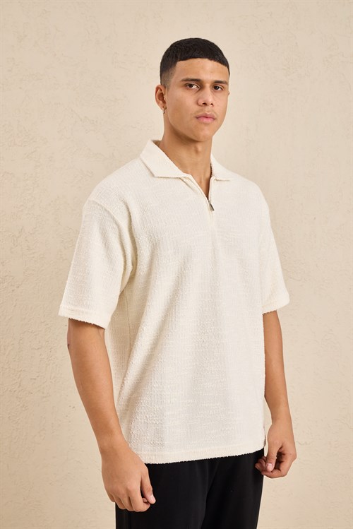 Wholesale Mens Ecru Slub Knit Zip Polo Shirt