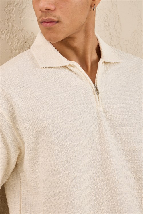 Wholesale Mens Ecru Slub Knit Zip Polo Shirt