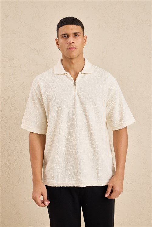 Wholesale Mens Ecru Slub Knit Zip Polo Shirt