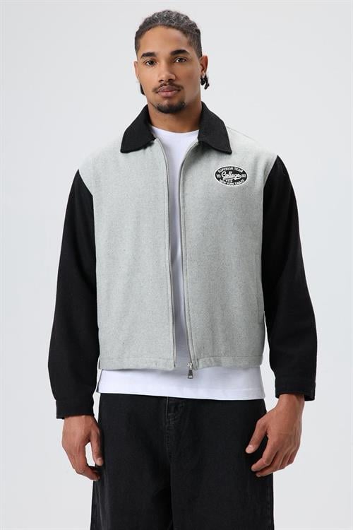 Wholesale Mens Gray Zip-Up Varsity Jacket