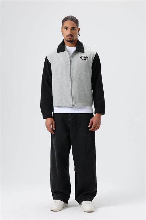 Wholesale Mens Gray Zip-Up Varsity Jacket