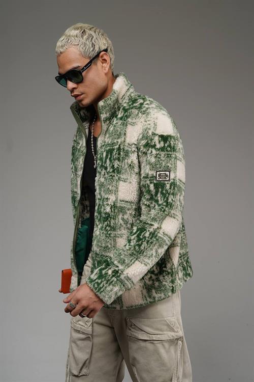 Wholesale Mens Green Oversized Plush Zip-Up Jacket