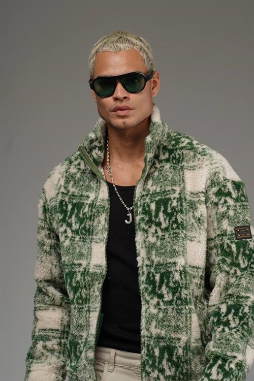 Wholesale Mens Green Oversized Plush Zip-Up Jacket