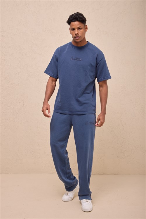 Wholesale Mens Indigo Relax Fit Acid Washed T-Shirt and Sweatpants Set