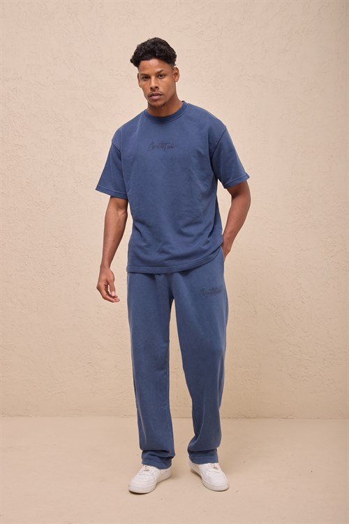 Wholesale Mens Indigo Relax Fit Acid Washed T-Shirt and Sweatpants Set