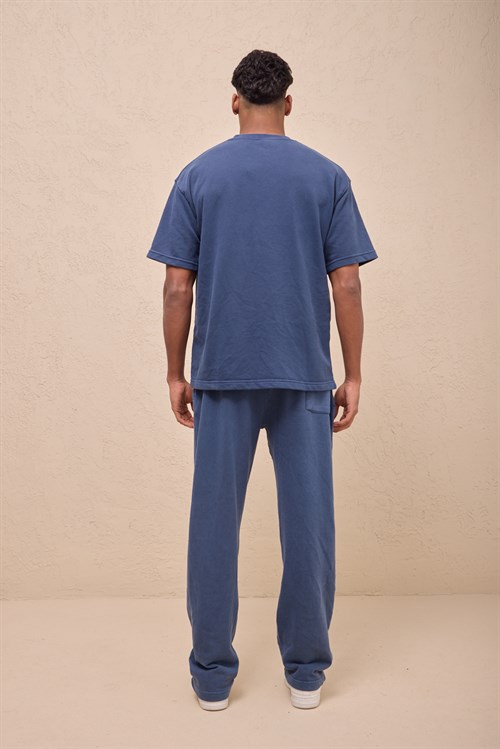 Wholesale Mens Indigo Relax Fit Acid Washed T-Shirt and Sweatpants Set