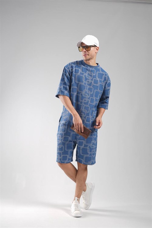 Wholesale Mens Indigo T-Shirt and Shorts Set