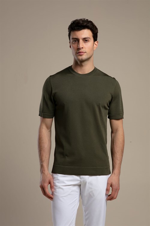 Wholesale Mens Khaki Knit Crew-Neck T-Shirt