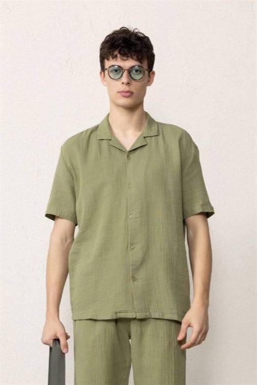 Wholesale Mens Khaki Muslin Resort Collar Shirt