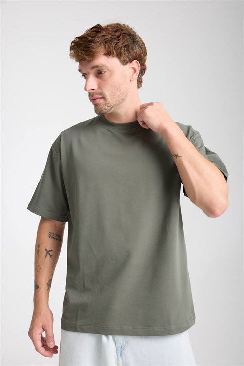 Wholesale Mens Khaki Oversized Crew-Neck Basic T-Shirt