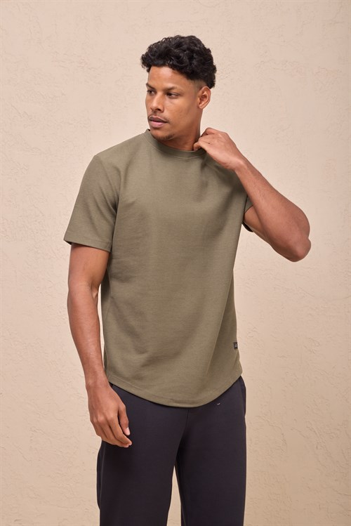 Wholesale Mens Khaki Regular Fit Double-Knit Crew-Neck T-Shirt