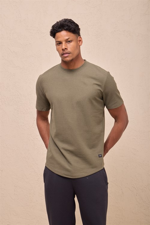 Wholesale Mens Khaki Regular Fit Double-Knit Crew-Neck T-Shirt