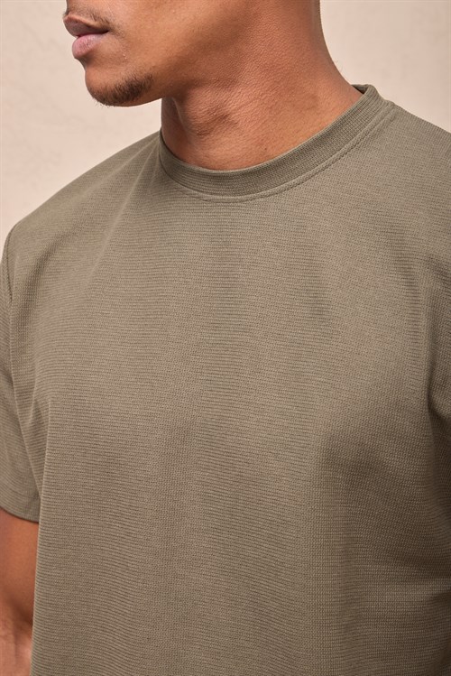 Wholesale Mens Khaki Regular Fit Double-Knit Crew-Neck T-Shirt