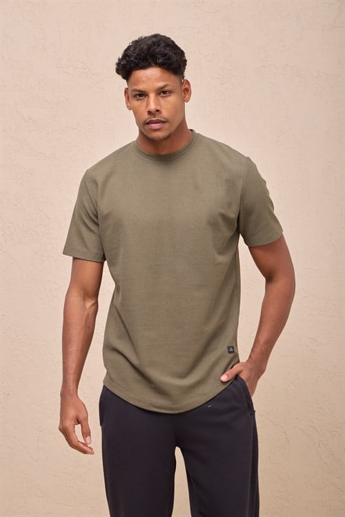Wholesale Mens Khaki Regular Fit Double-Knit Crew-Neck T-Shirt