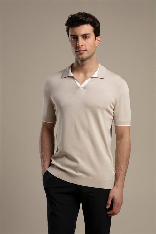 Wholesale Mens Light Beige Knit Polo T-Shirt